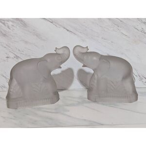 Fostoria Glass Vintage Rare Pair Silver Mist Elephant Heavy Weight Bookends